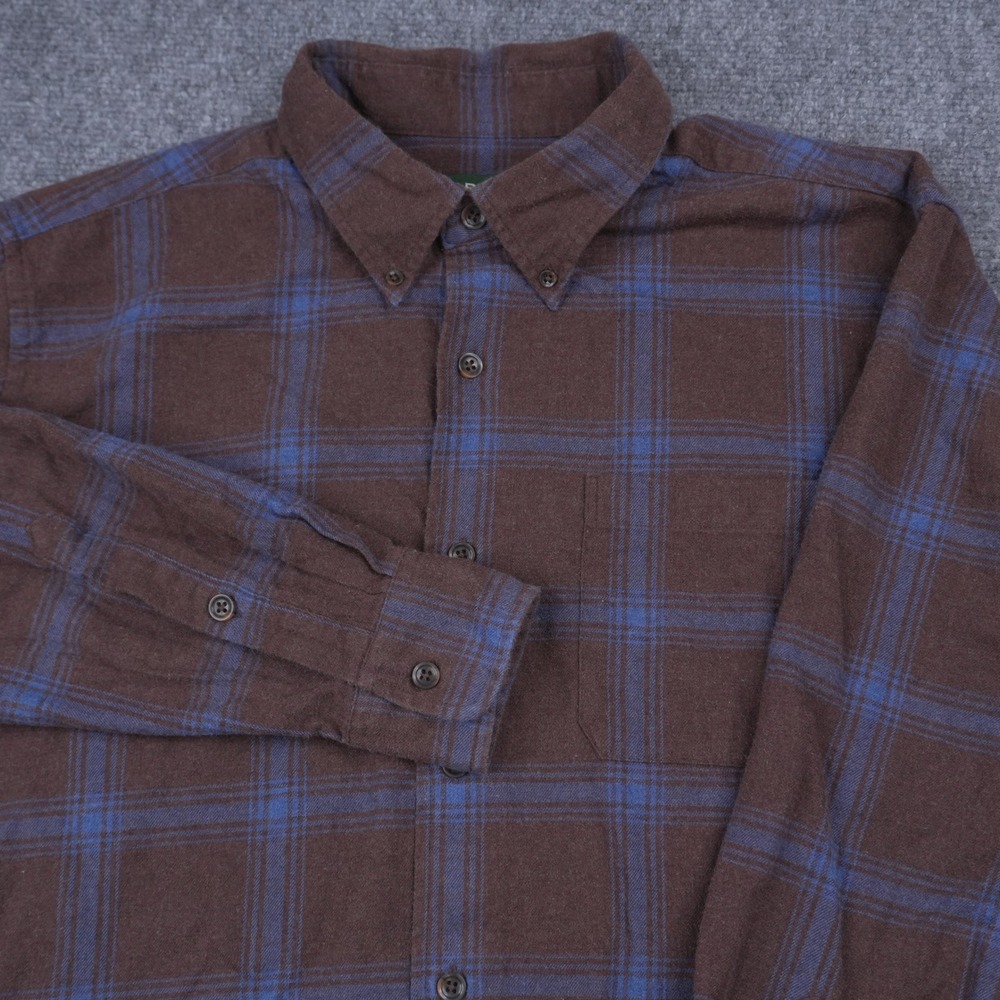 Orvis Luxury Flannel Shirt Mens Large Brown Blue Plaid Classic Fit Cotton L